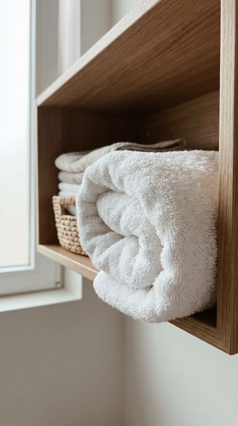 Hotel-folded towel styled on a bathroom shelf