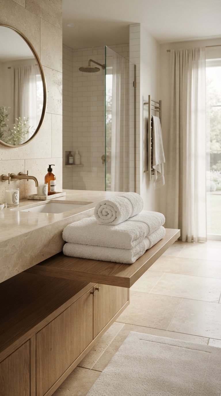 Minimal bathroom showing how many towels to display neatly on open shelving