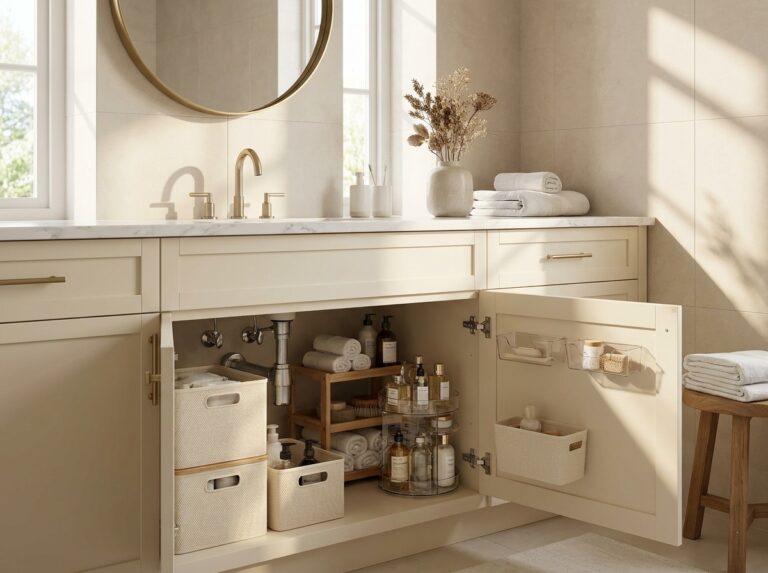 Luxury organized bathroom vanity with smart under-sink storage system