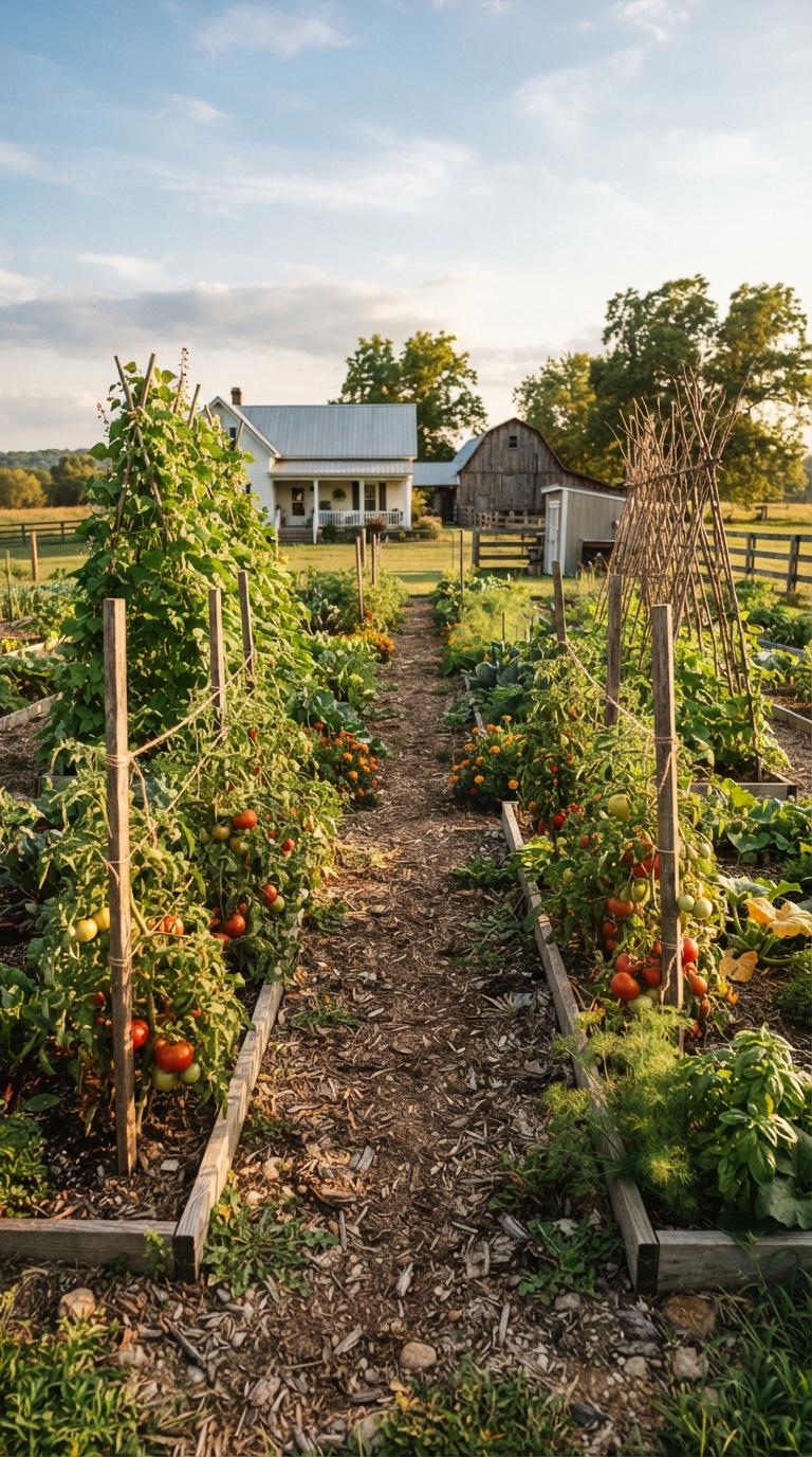 In-ground row vegetable garden with staked tomatoes and bean trellises