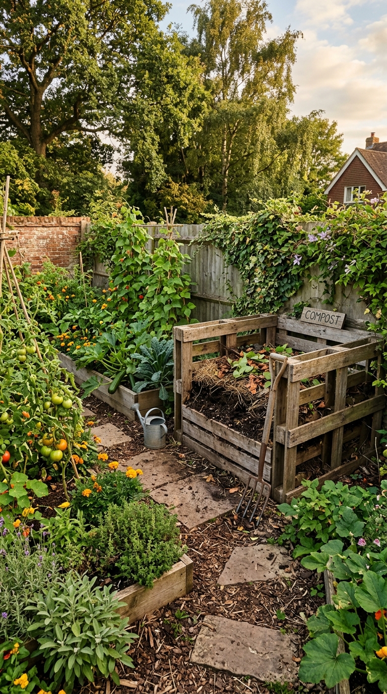 Wooden compost bin integrated into the corner of a backyard vegetable garden