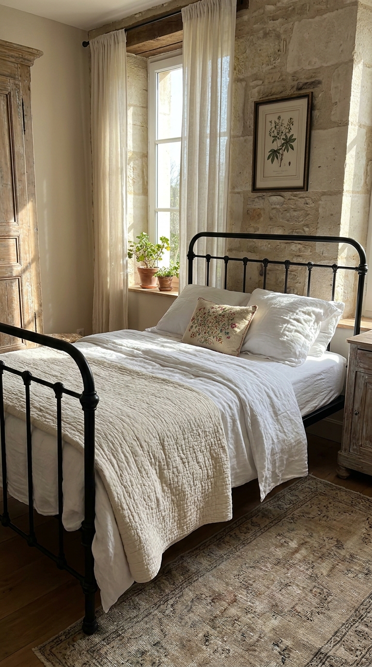 French country bedroom with a black iron bed frame