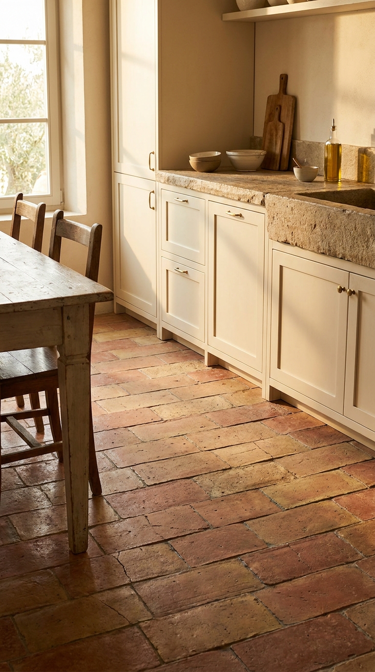 Italian kitchen with traditional cotto terracotta tile flooring, cream cabinets, and warm natural materials.