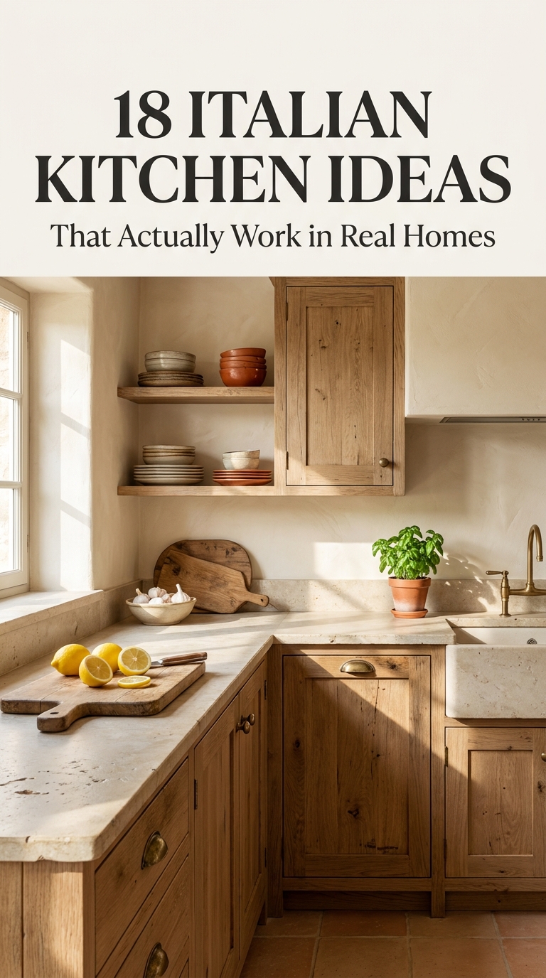 Elegant Italian-inspired kitchen with warm natural materials, earthy colors, wood cabinetry, and practical everyday design.