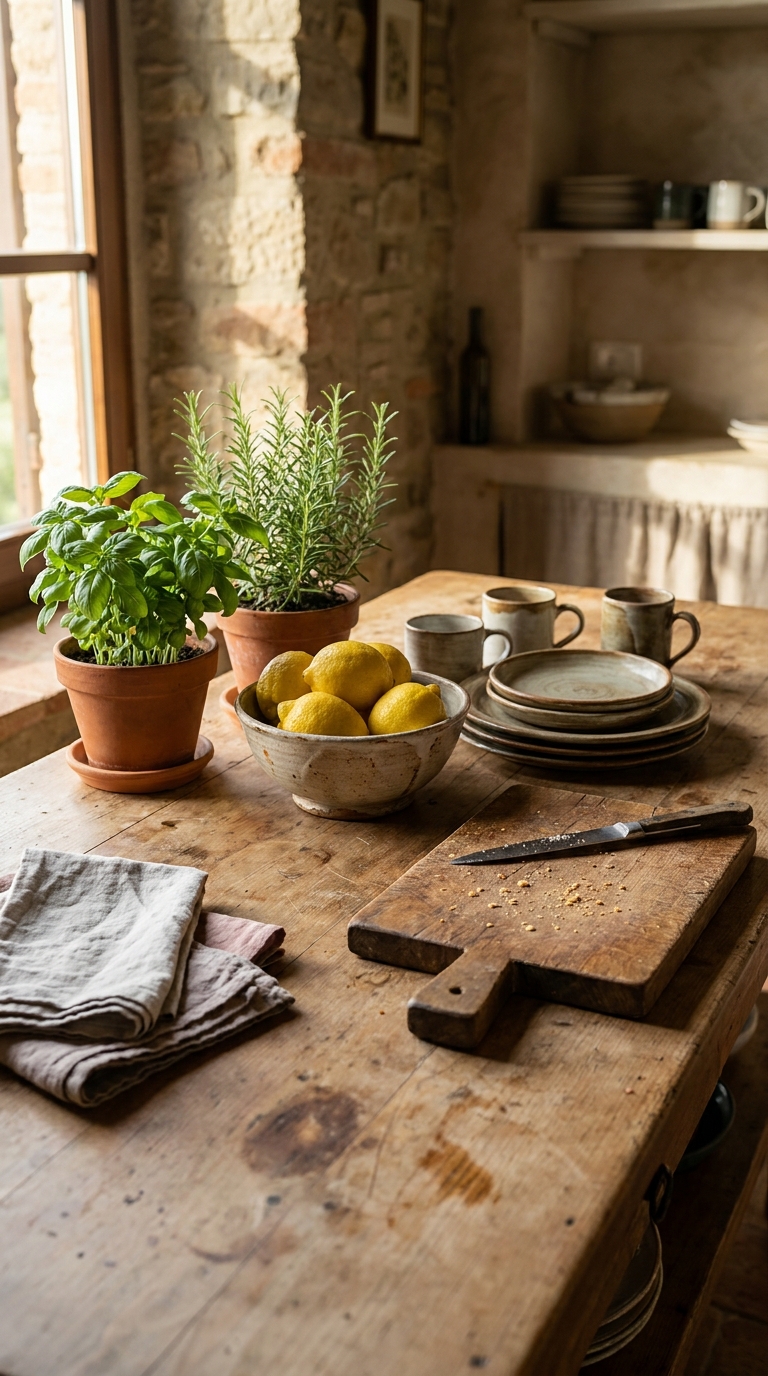 Italian kitchen countertop styled naturally with fresh herbs, lemons, handmade ceramics, linen, and wooden kitchen accessories.