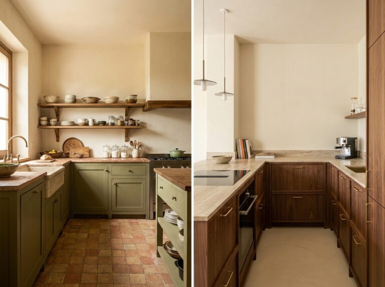 Elegant Italian-inspired kitchen with warm natural materials, earthy colors, wood cabinetry, and practical everyday design.