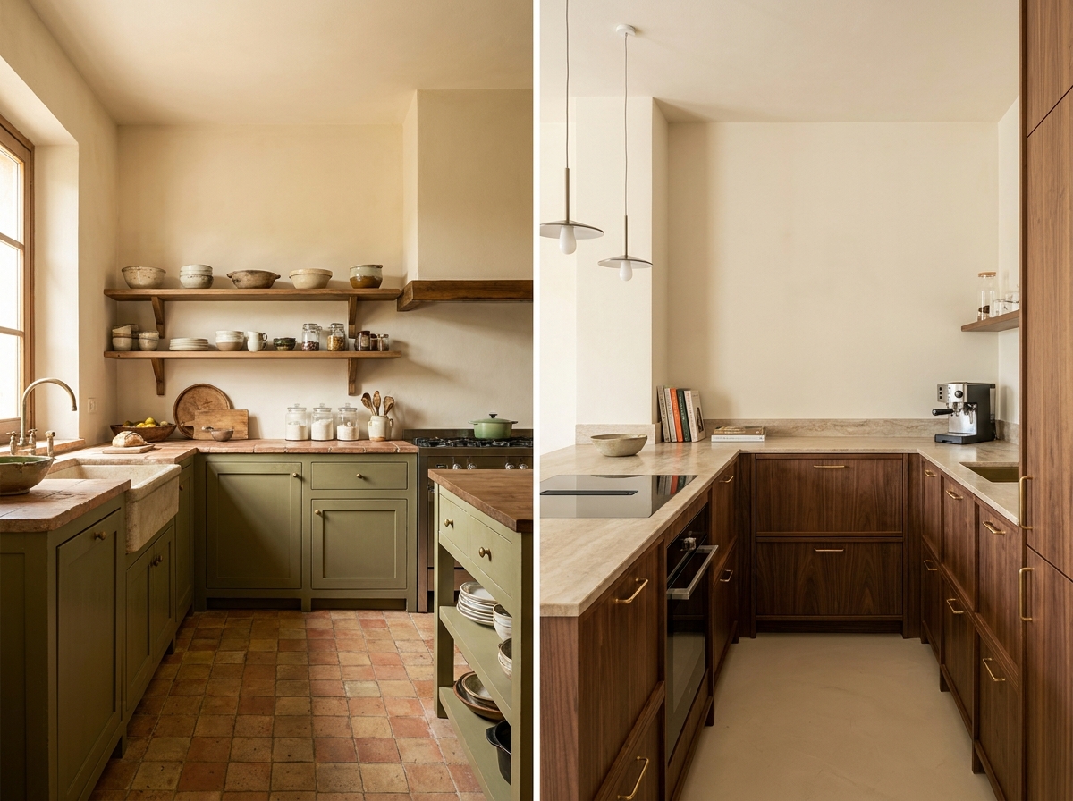 Elegant Italian-inspired kitchen with warm natural materials, earthy colors, wood cabinetry, and practical everyday design.