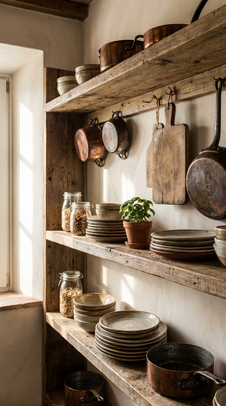 Italian-inspired open kitchen shelves styled with copper pans, handmade ceramics, wooden boards, and everyday dishes.