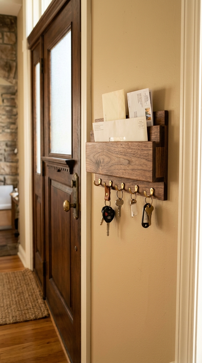 Walnut key and mail organizer with brass hooks beside a front door