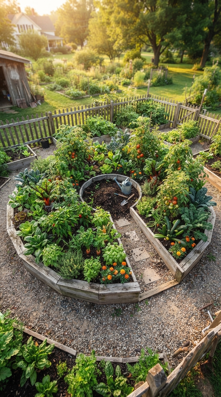 Circular keyhole garden bed densely planted with vegetables