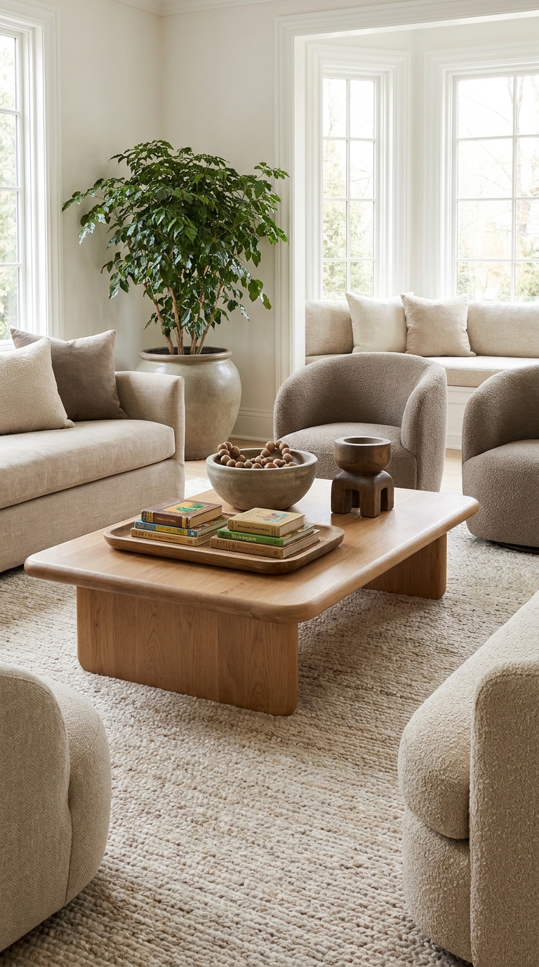 Child and pet-friendly coffee table with sturdy rounded decor and a low tray.