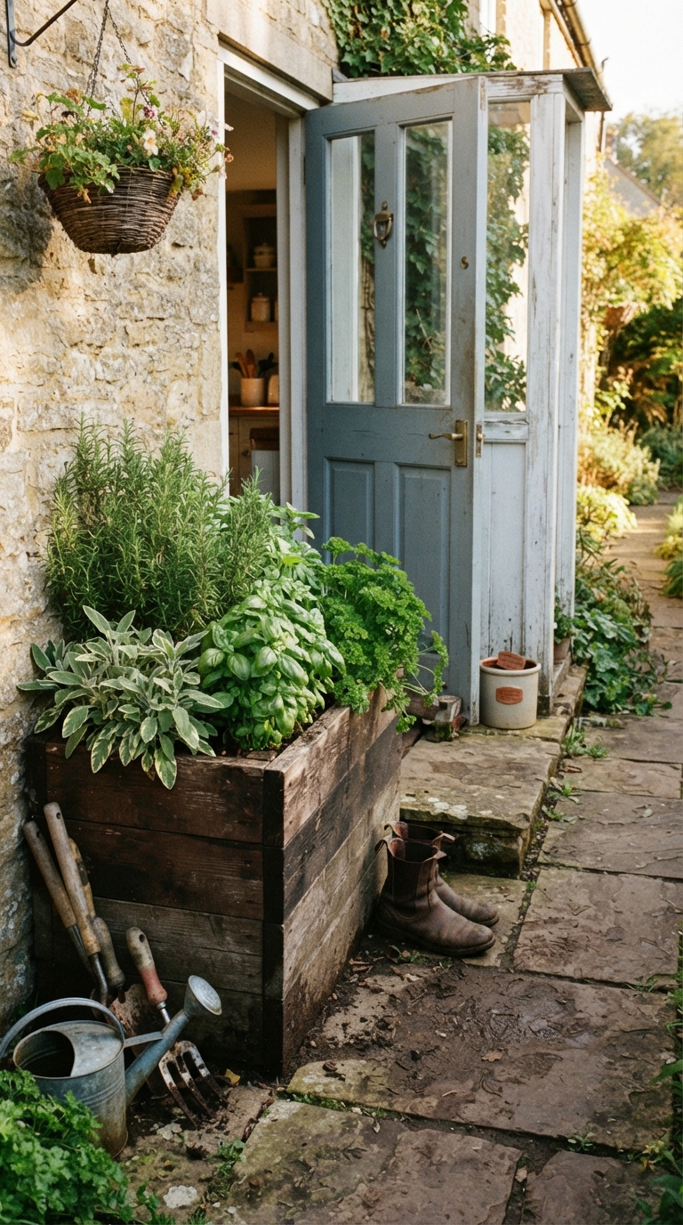 Narrow kitchen door garden with rosemary, sage, and basil planted beside a back entrance