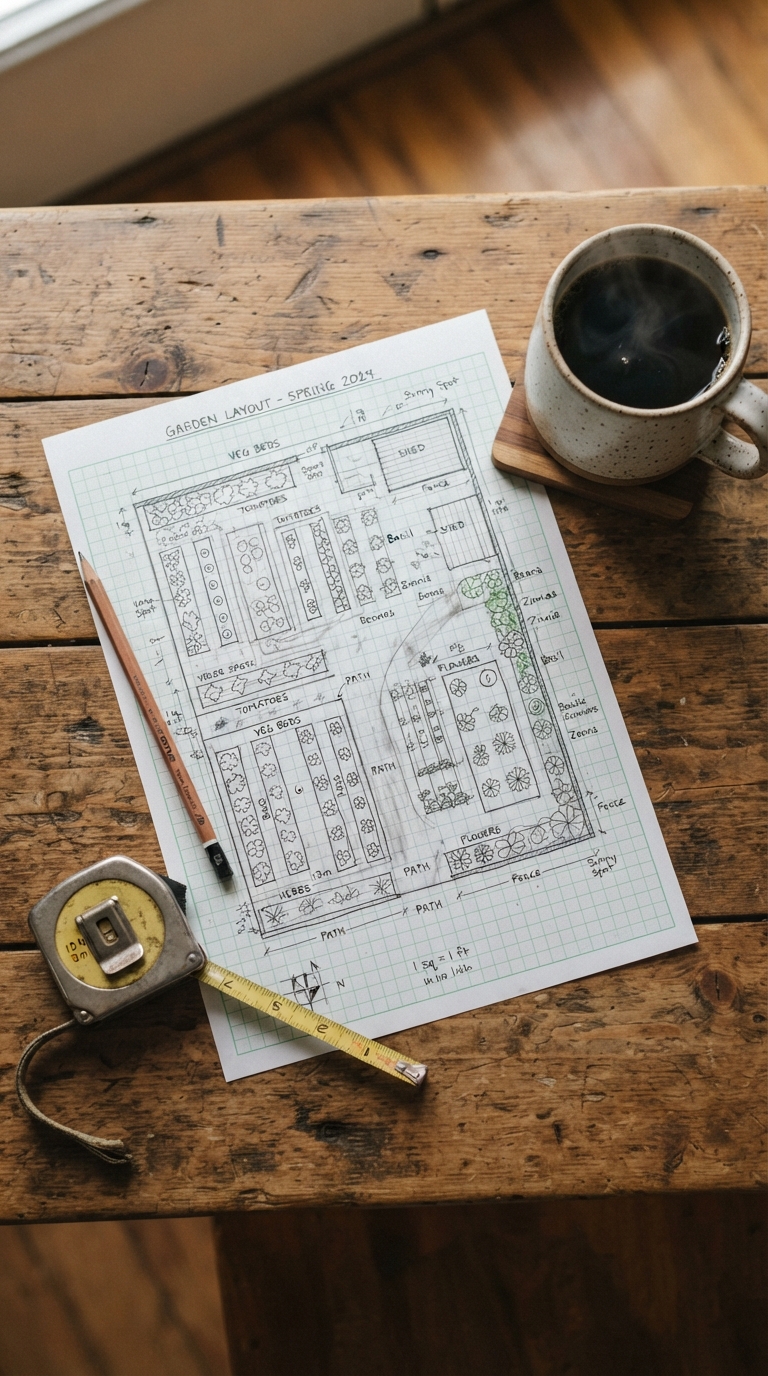 Hand-drawn kitchen garden layout sketch with measuring tape and pencil