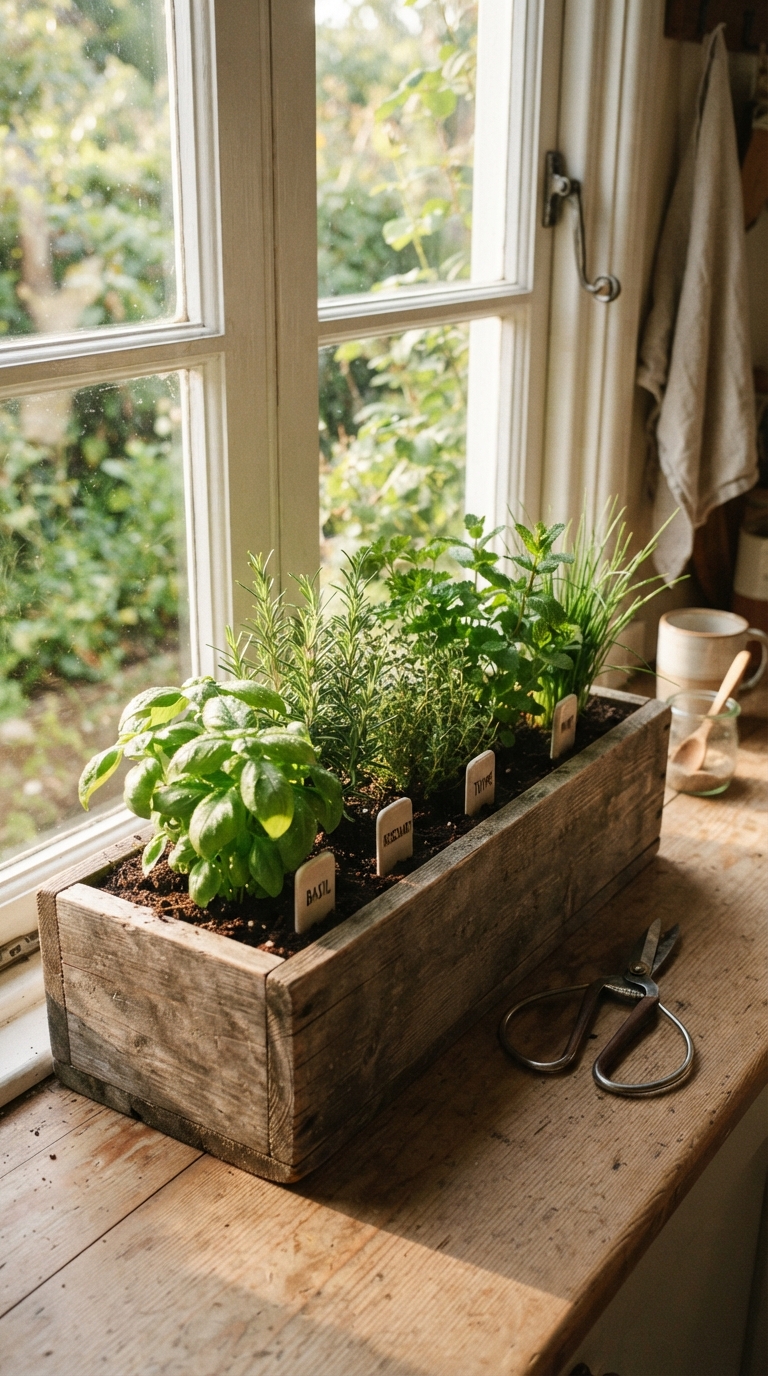 Rustic kitchen window box filled with fresh cooking herbs