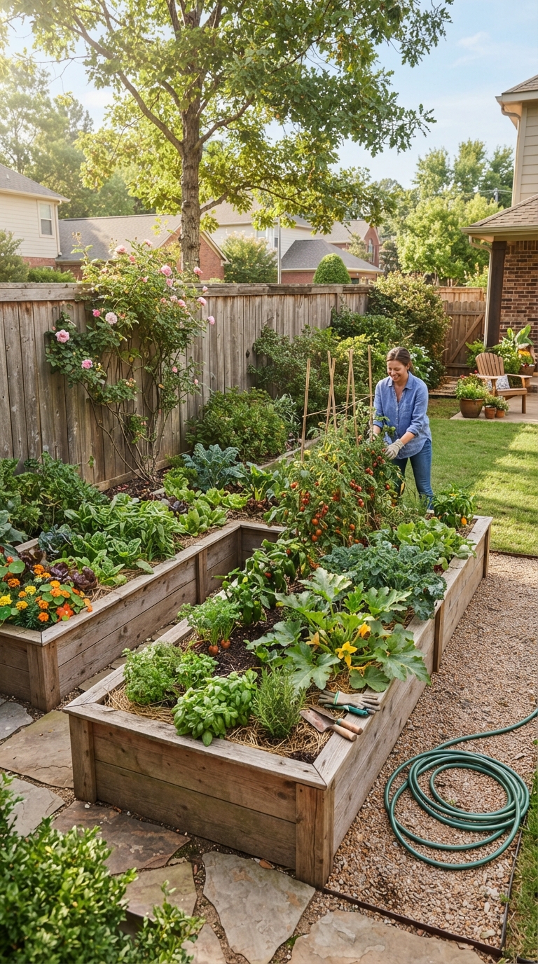 L-shaped raised garden beds filled with vegetables along a backyard fence