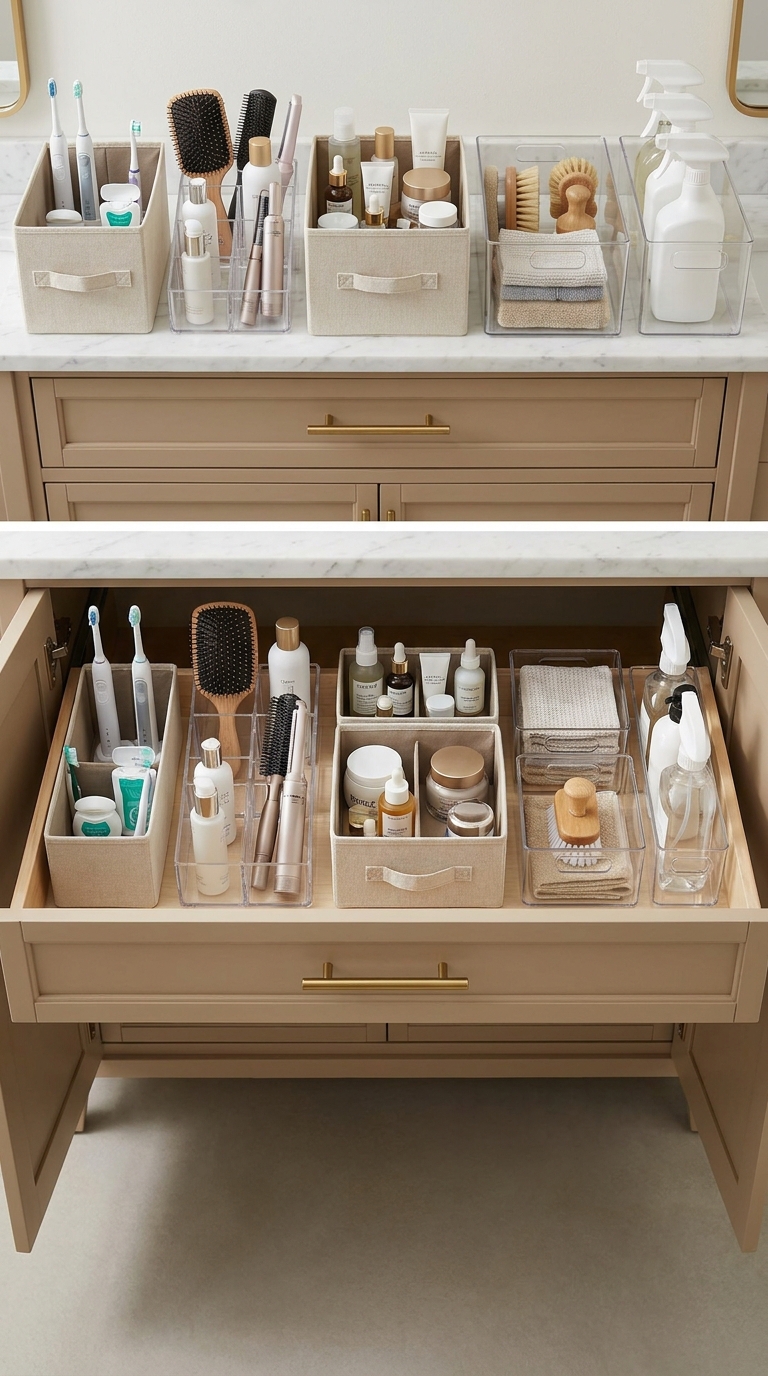 Labeled category bins organizing items under bathroom sink