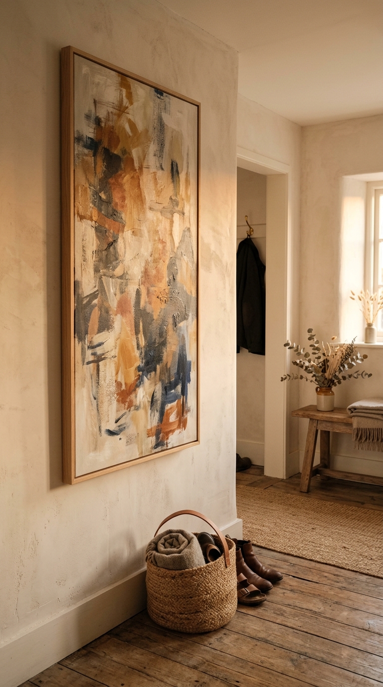 Tall vertical artwork filling a narrow entryway wall from floor to ceiling