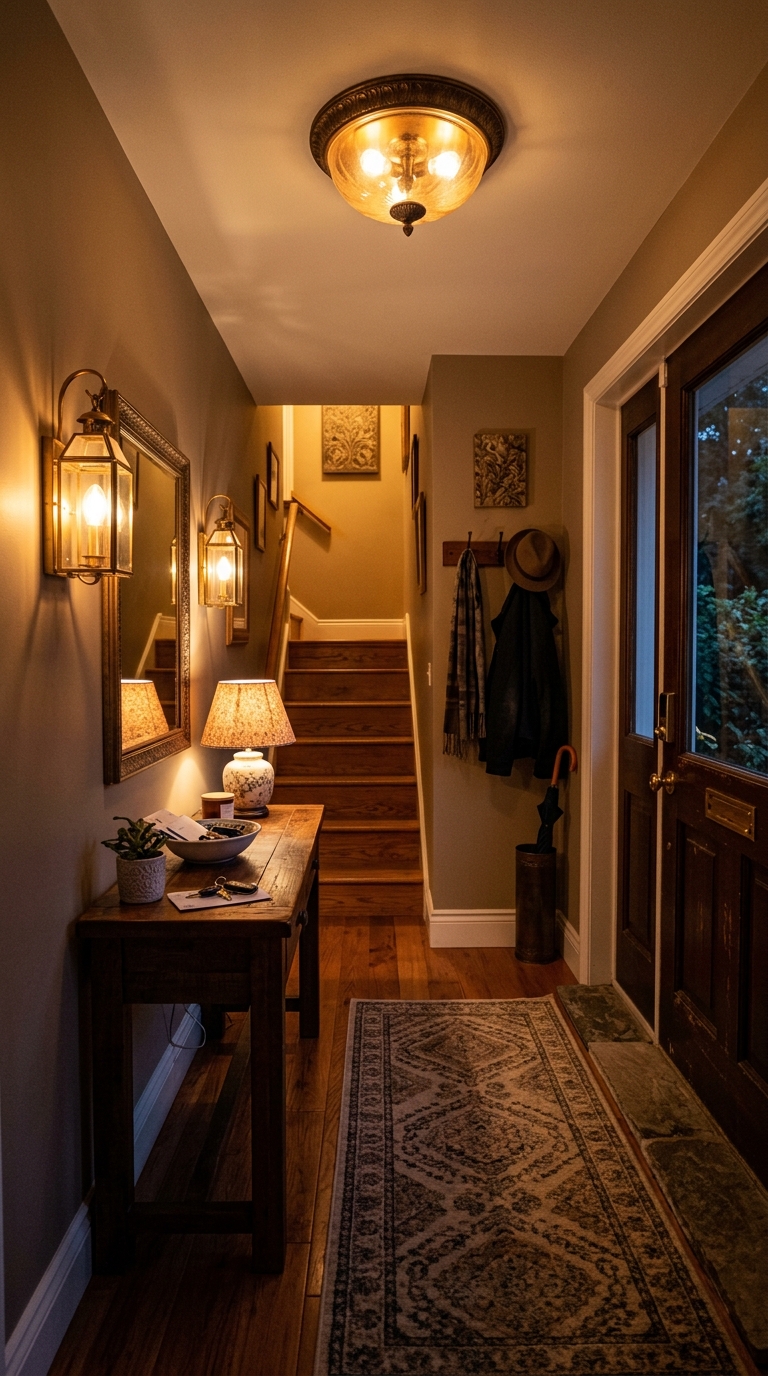 ayered overhead, sconce, and lamp lighting in a small entryway