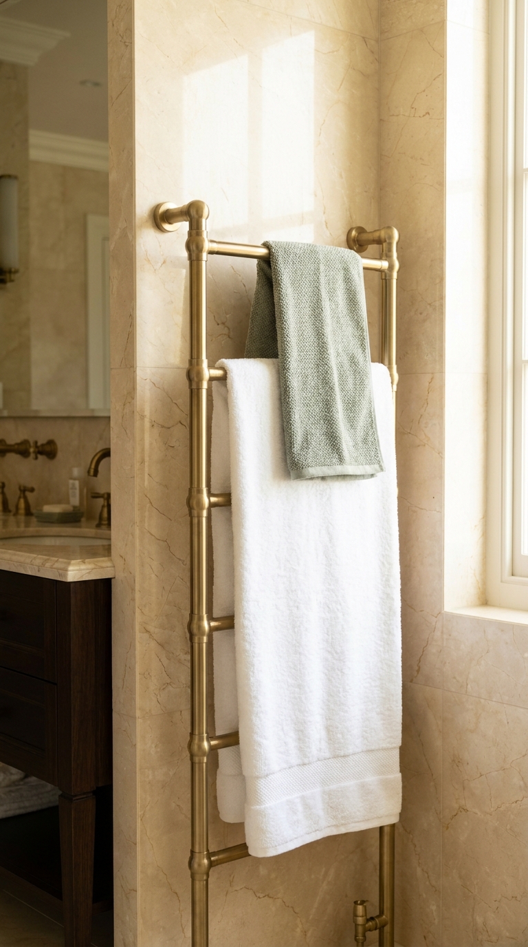 Layered white and sage towels styled on a multi-bar bathroom rack