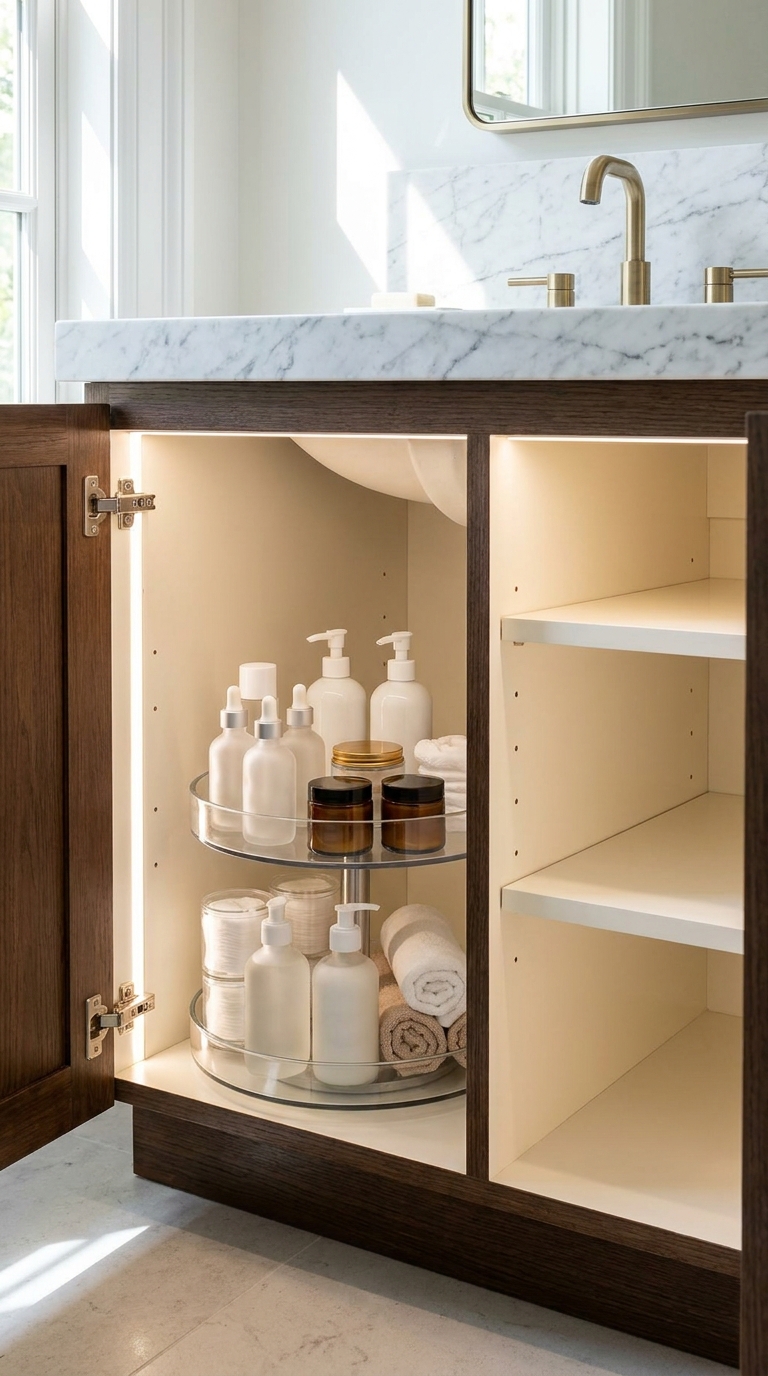Lazy Susan organizing rounded bottles and jars under bathroom sink