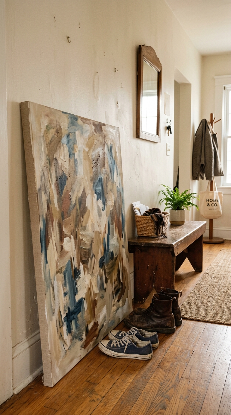 Large canvas leaning against an entryway wall as damage-free decor