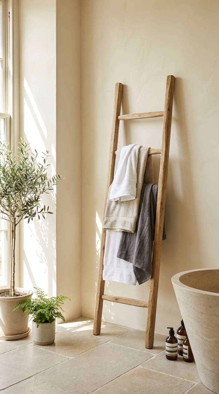 Wooden leaning towel ladder with layered towels in a luxury bathroom corner