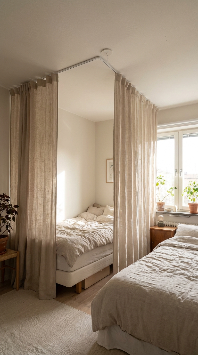 Shared bedroom sectioned by a linen curtain divider hung from a ceiling track