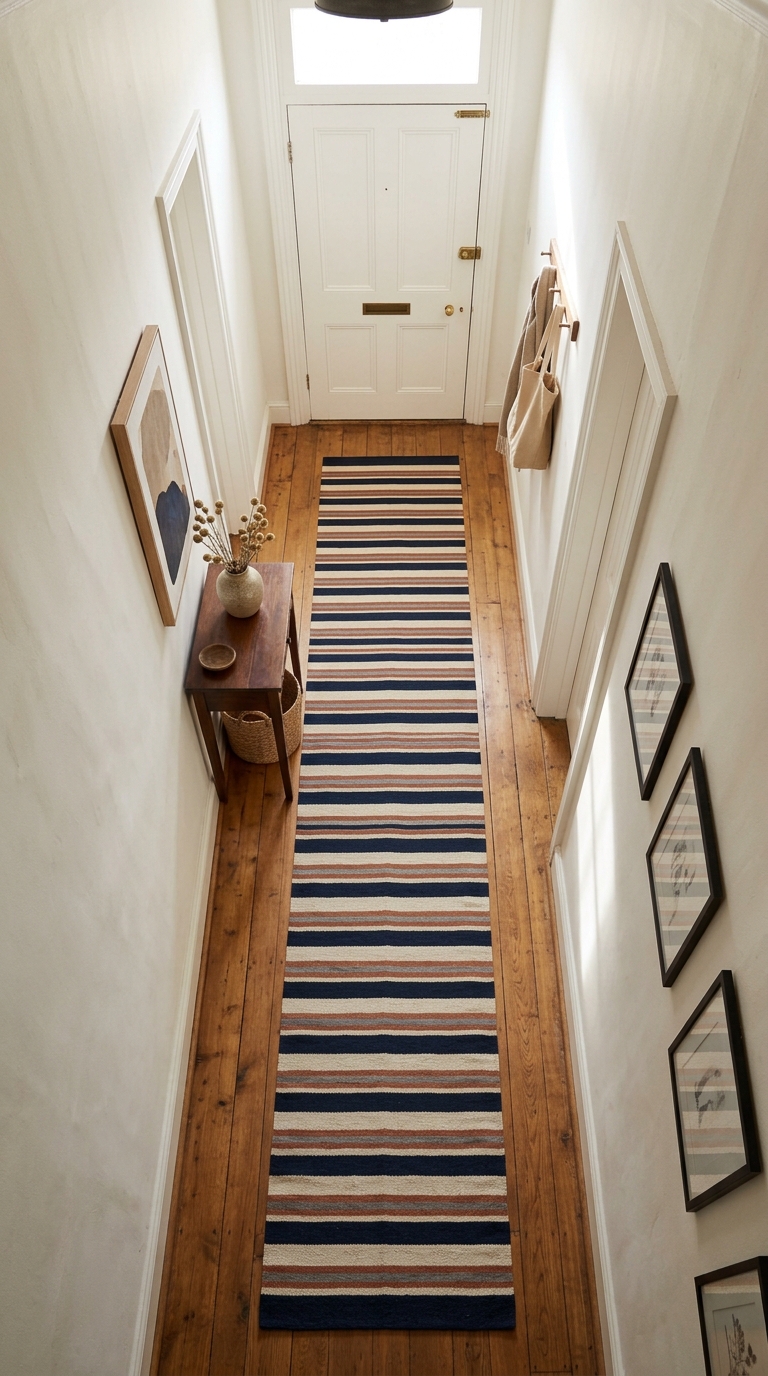 Long striped runner rug visually lengthening a narrow entryway