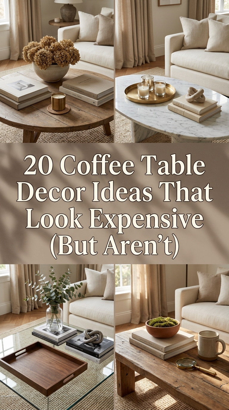 Luxury living room with a beautifully styled natural wood coffee table, books, ceramic bowl, candle, and greenery.