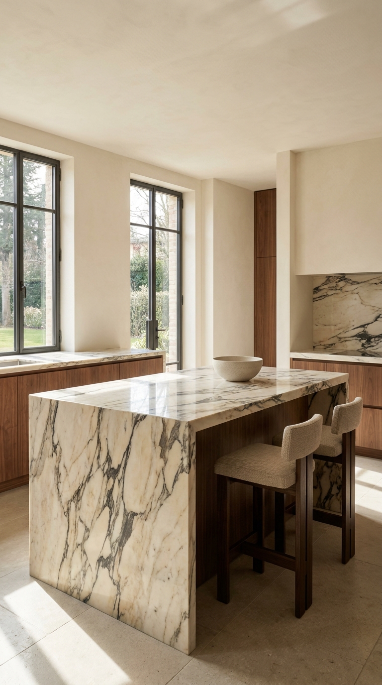 Luxury Italian-inspired kitchen featuring a dramatic marble waterfall island and simple warm wood cabinetry.