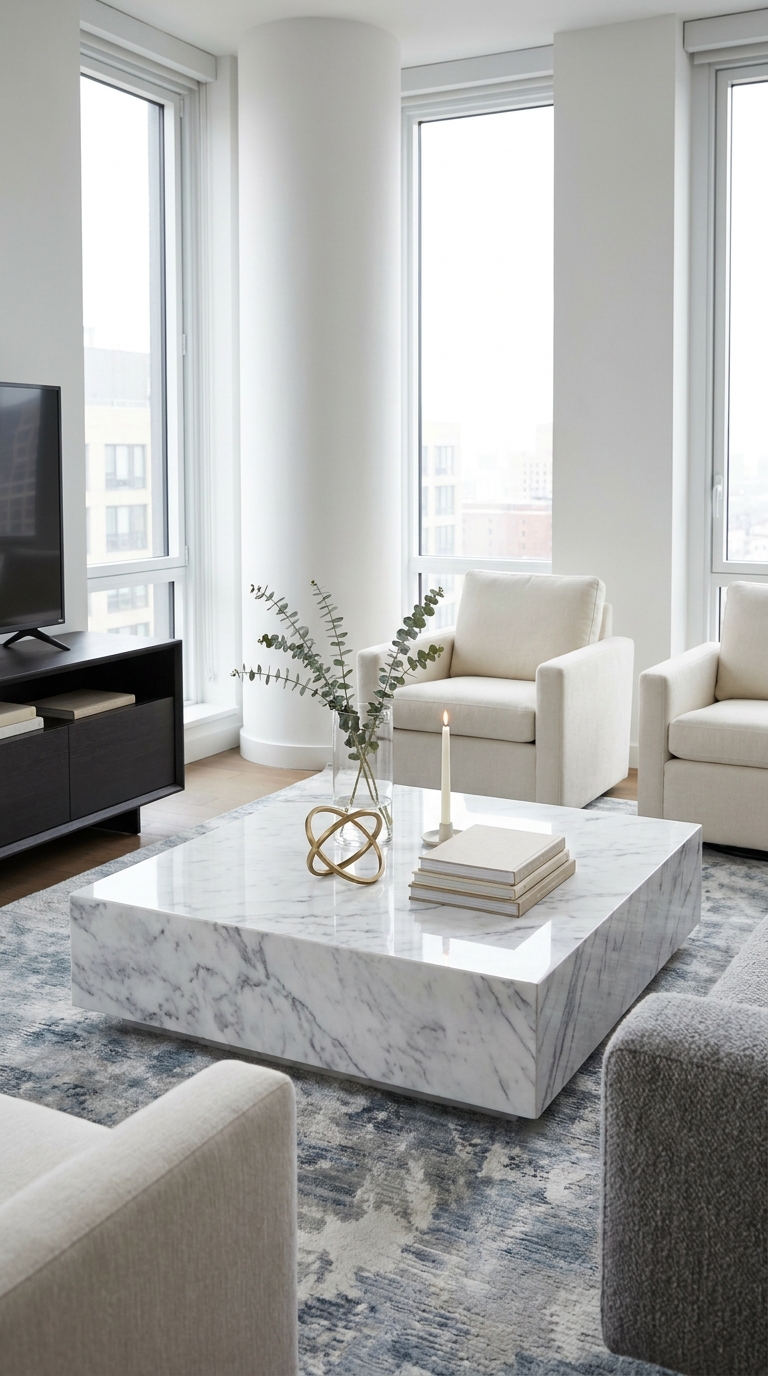 Marble coffee table styled with glass, brass, candle, and neutral books.