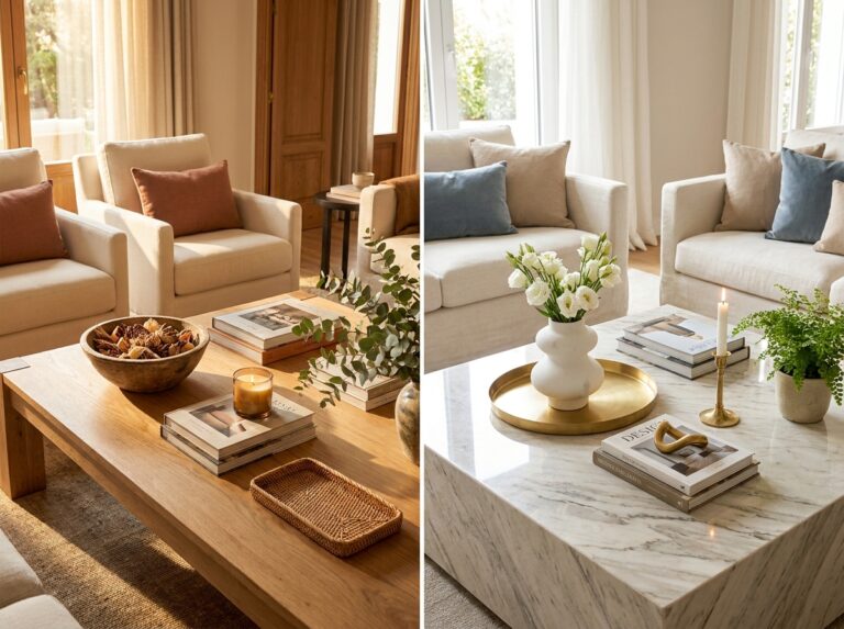 Elegant living room with a marble coffee table styled with brass accents, books, ceramic vase, candle, and greenery.
