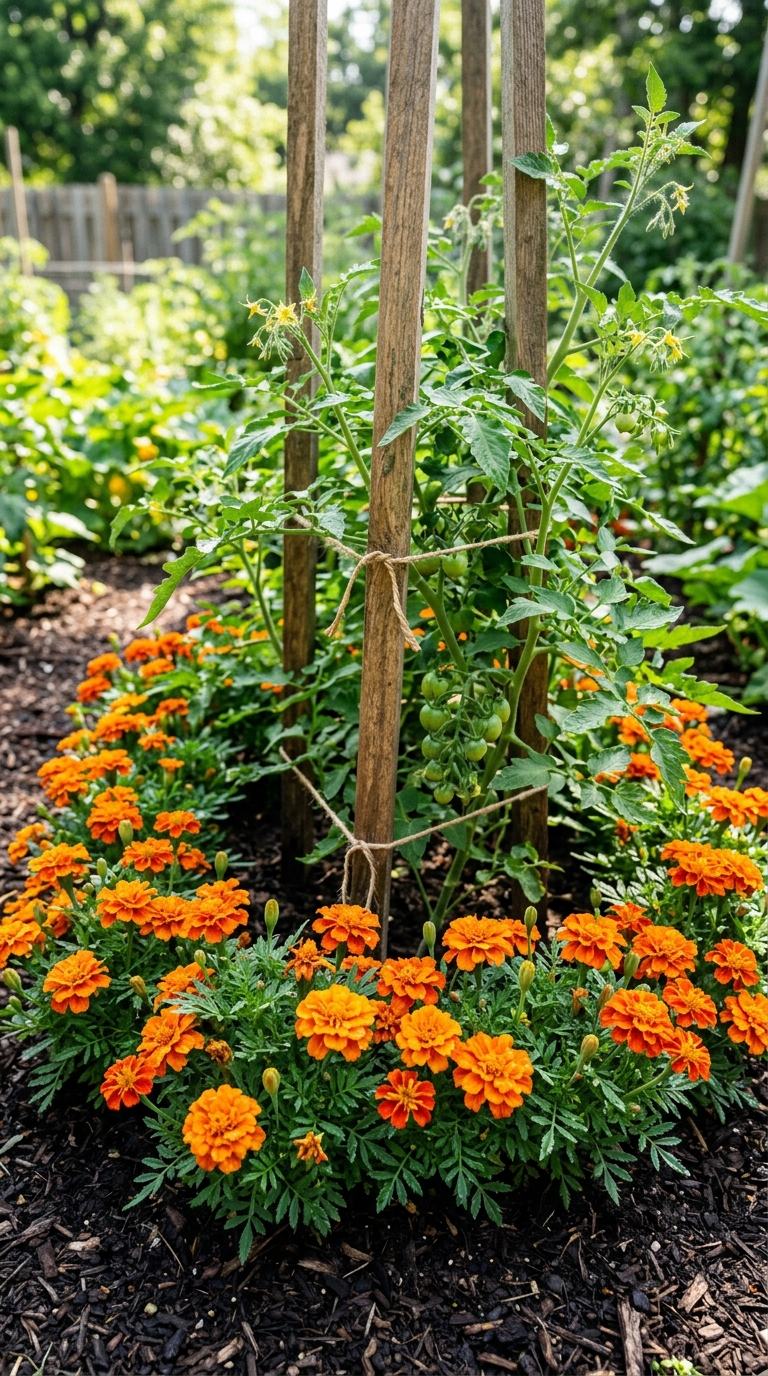 Marigolds planted around tomato plants for natural pest control