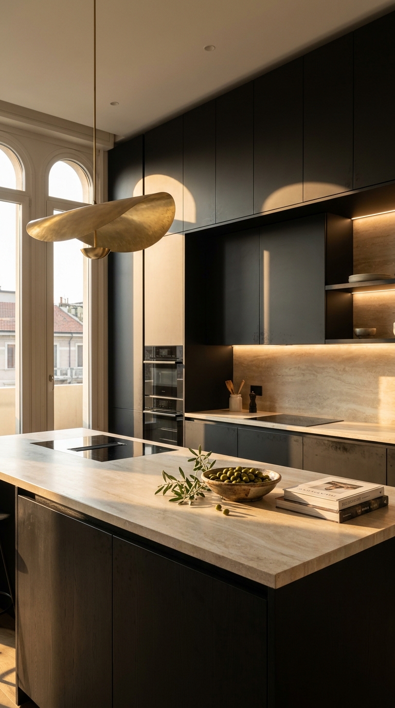 Sophisticated modern Italian kitchen with matte black cabinetry, brass hardware, warm lighting, and minimalist Milanese design.