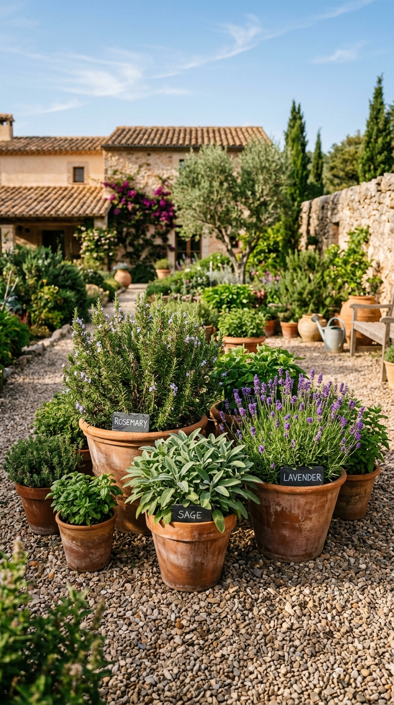 Mediterranean-style herb potager garden with terracotta pots