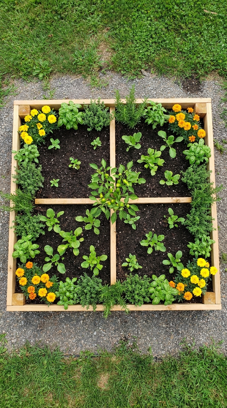 Small raised bed potager garden divided into four planting sections