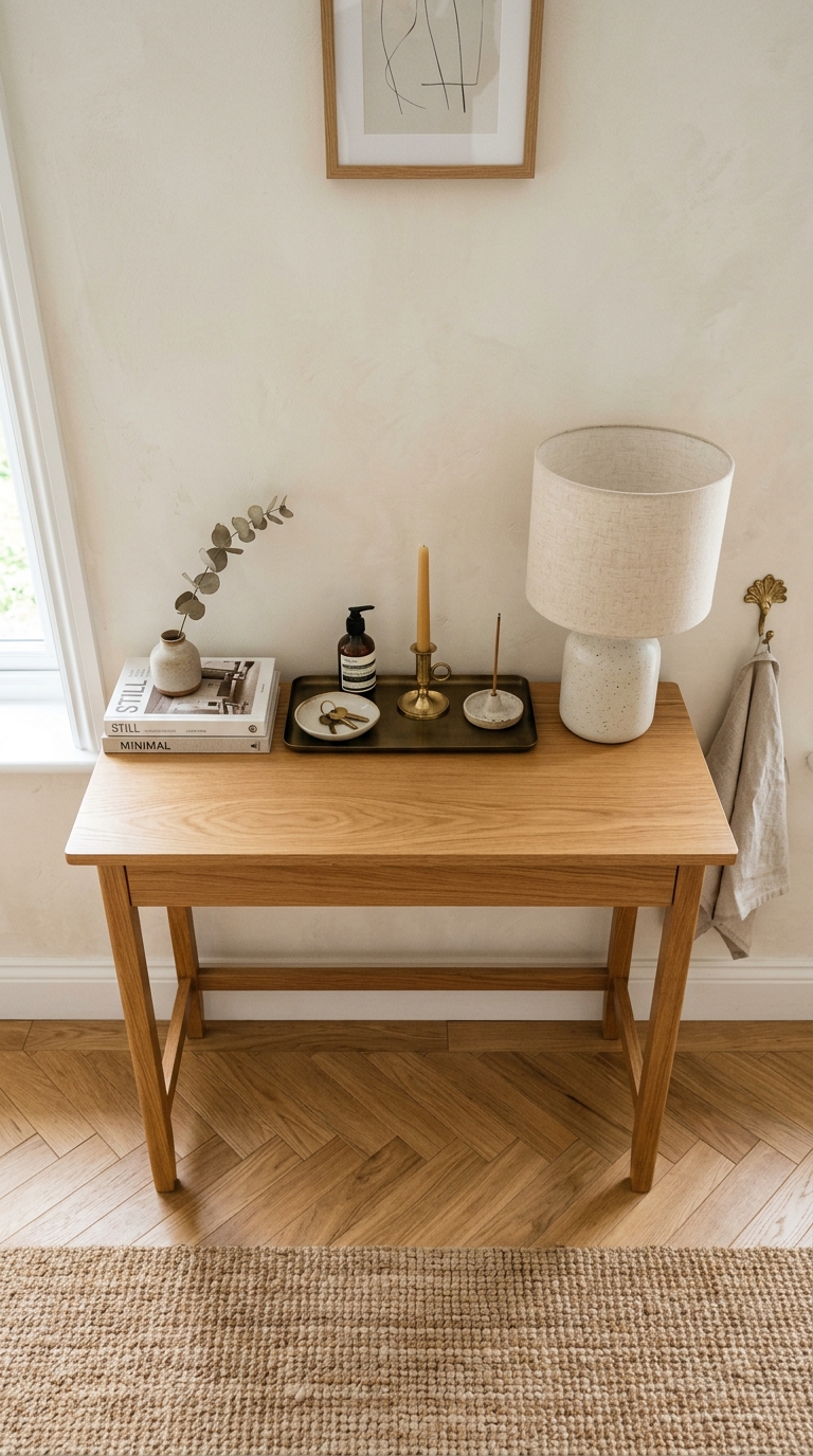 Minimally styled console table in a small entryway