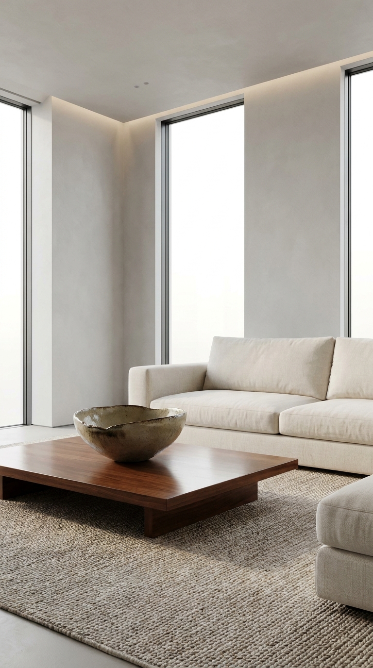 Minimalist coffee table styled with a single sculptural ceramic bowl.