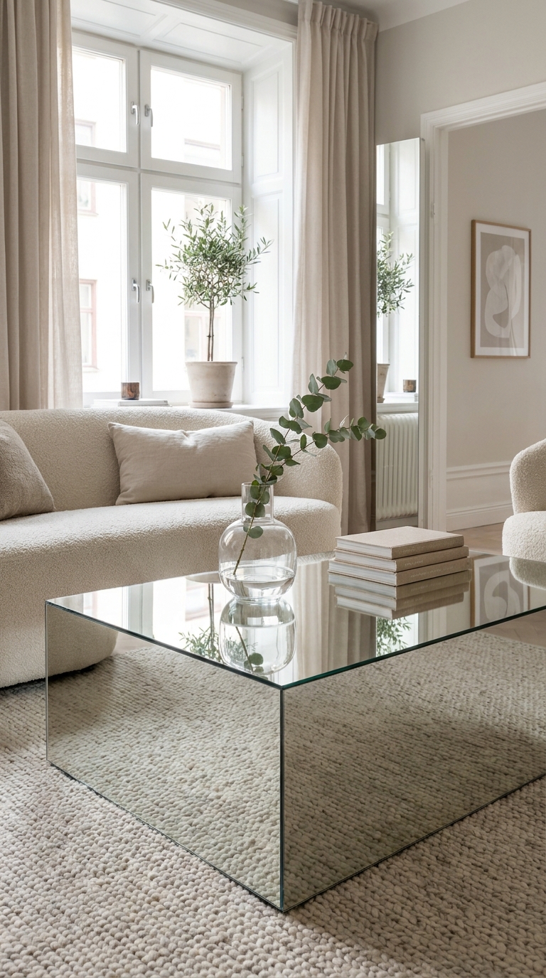 Minimal mirrored coffee table making a small living room feel more spacious.