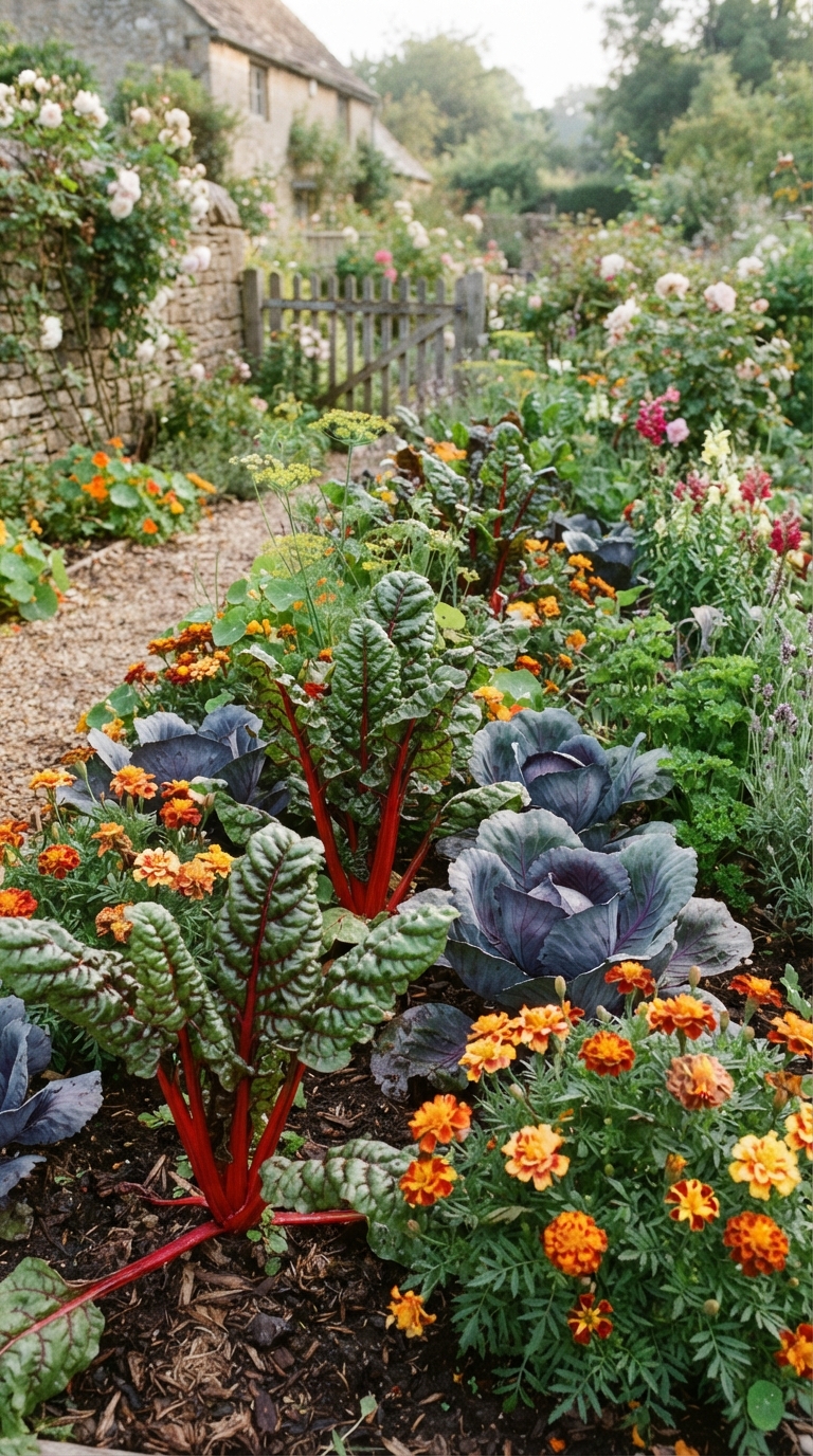 Mixed border garden combining vegetables like Swiss chard and cabbage with flowers