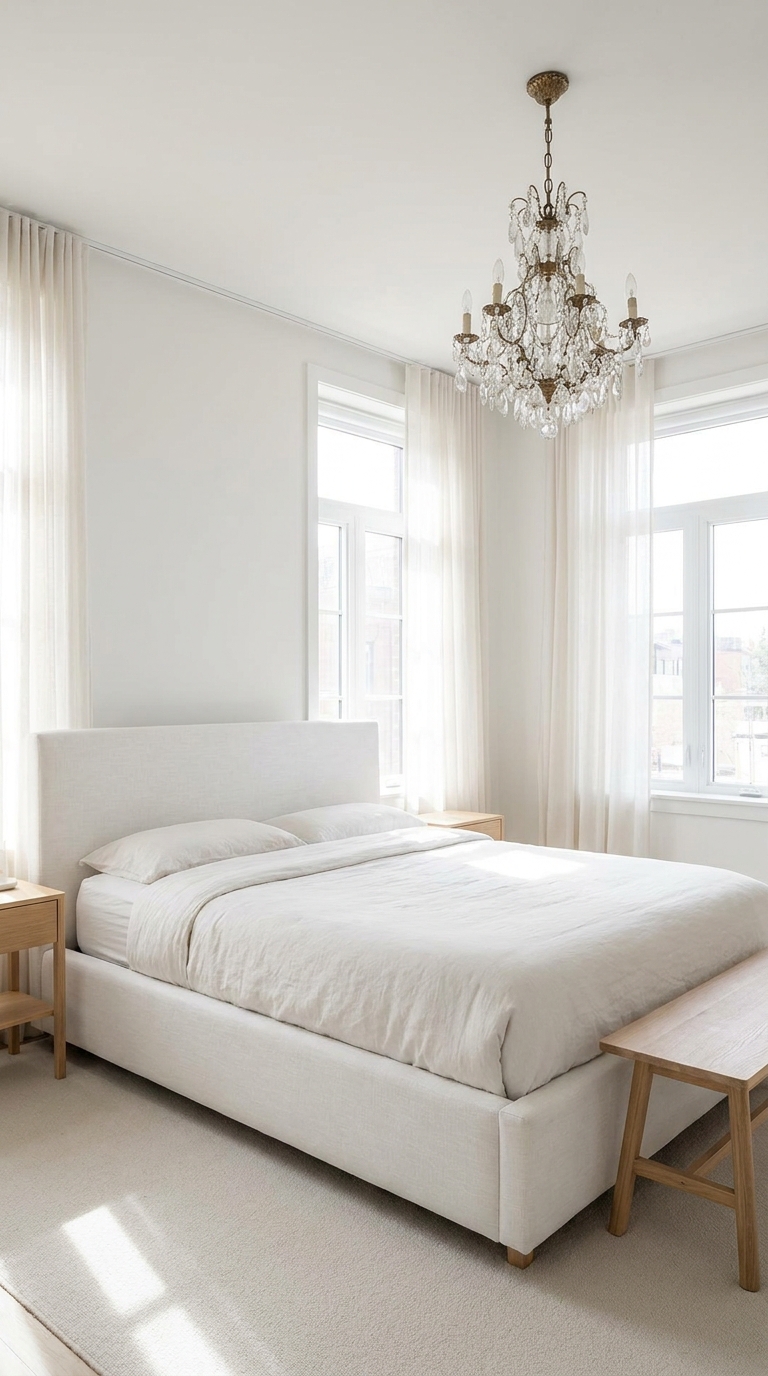 Modern French country bedroom with clean lines and one chandelier