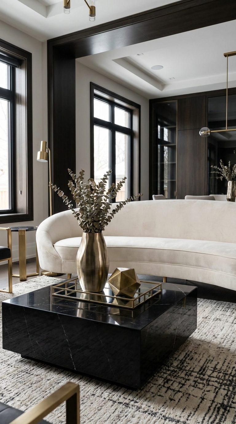 Modern glam coffee table with mirrored tray, metallic vase, and geometric sculpture.