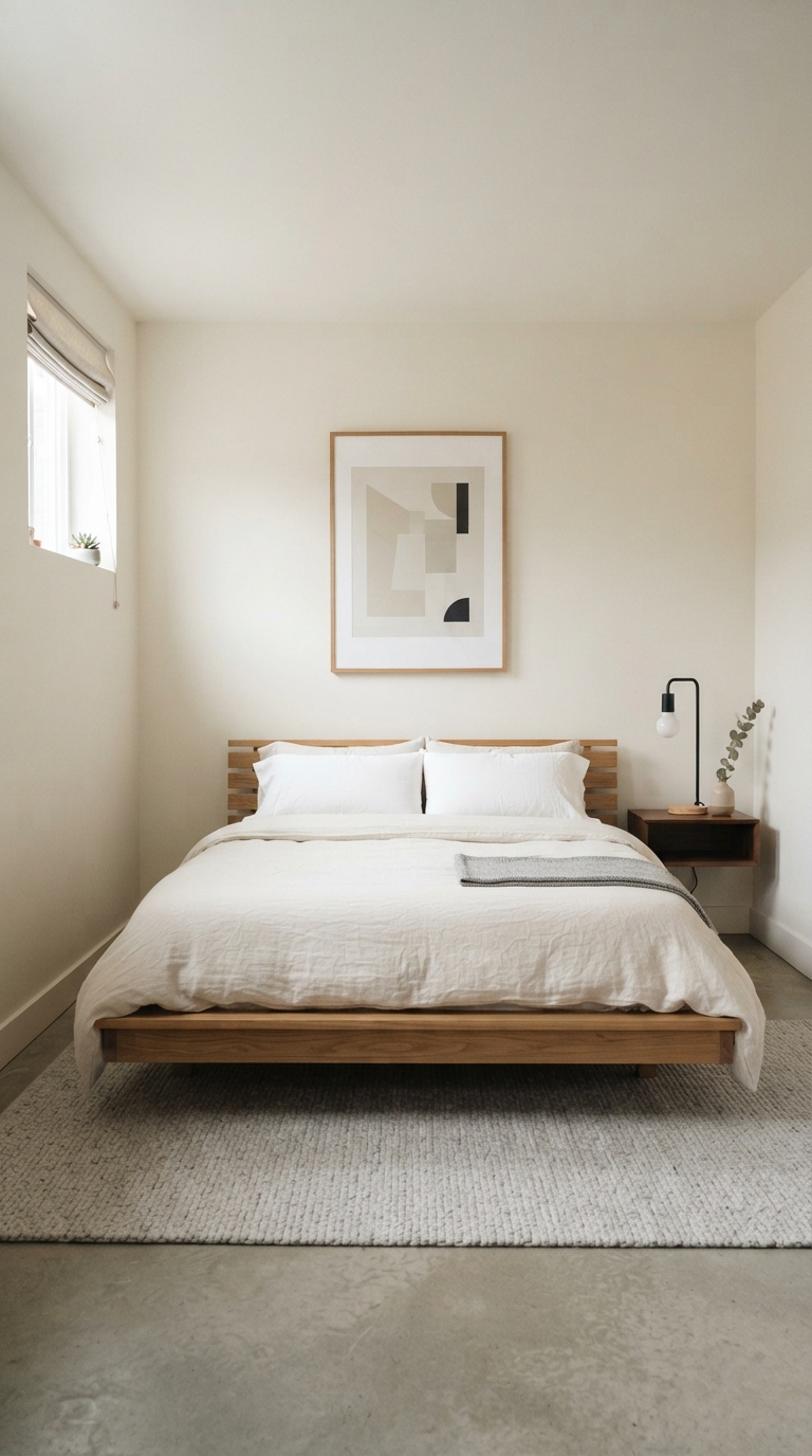 Modern minimalist basement bedroom with platform bed and neutral walls