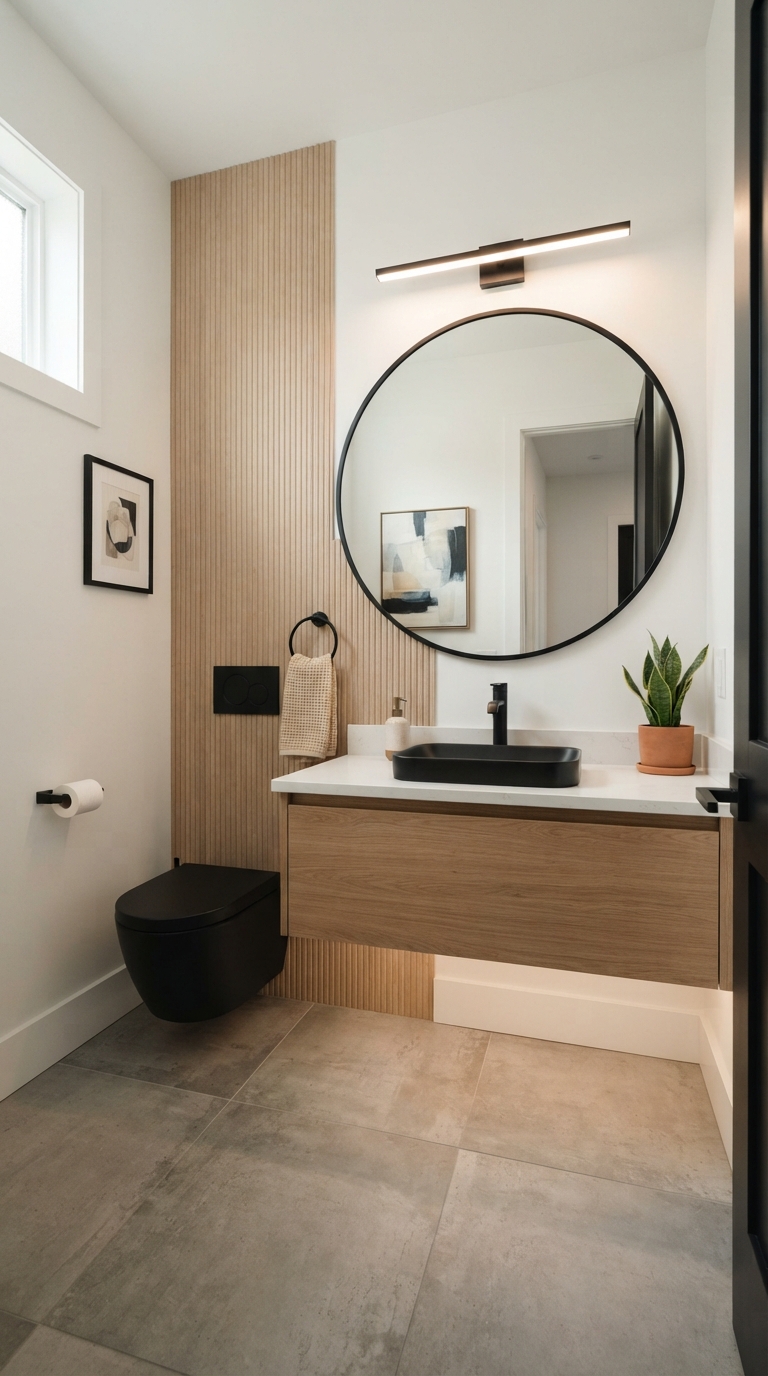Modern minimalist half bathroom with matte black fixtures