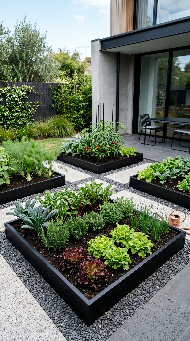 Modern minimalist potager garden with black metal raised beds