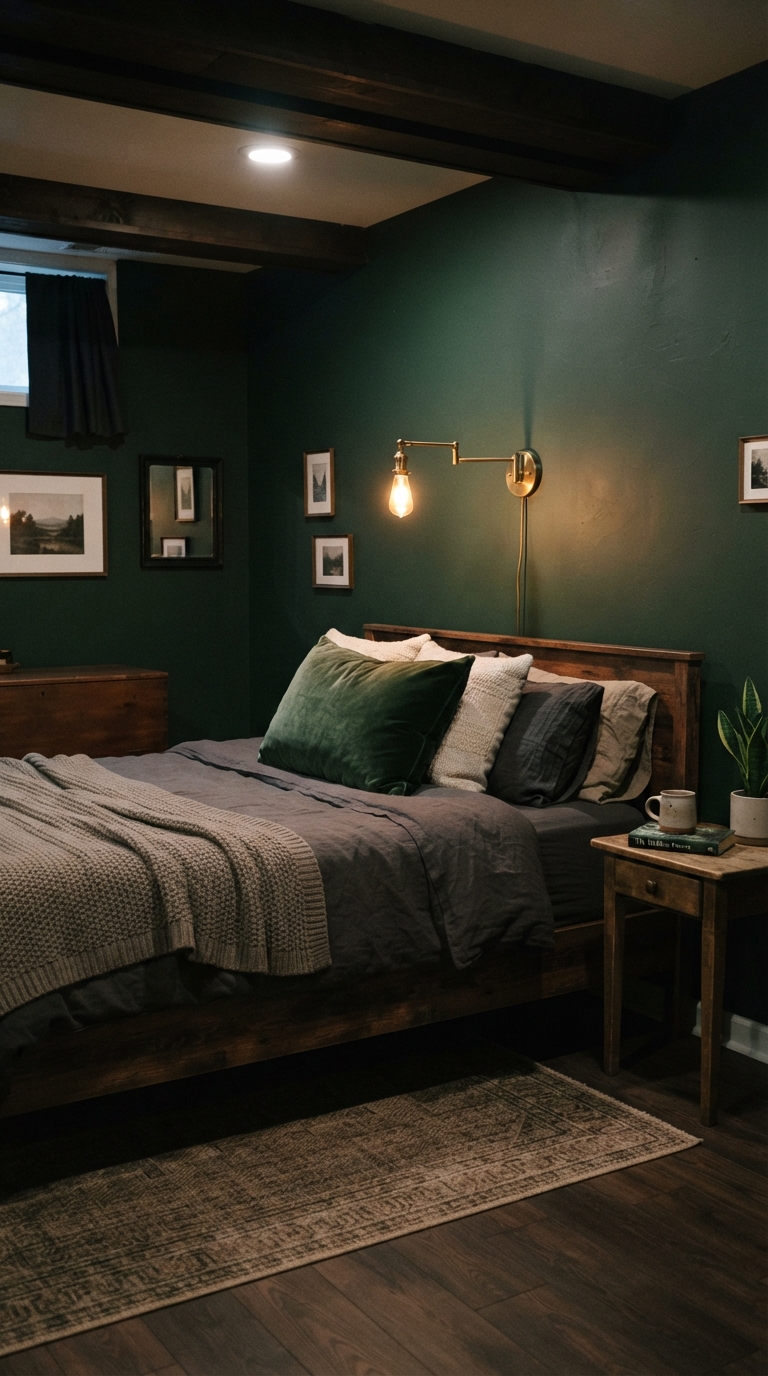 Moody basement bedroom with deep green walls and brass sconce lighting