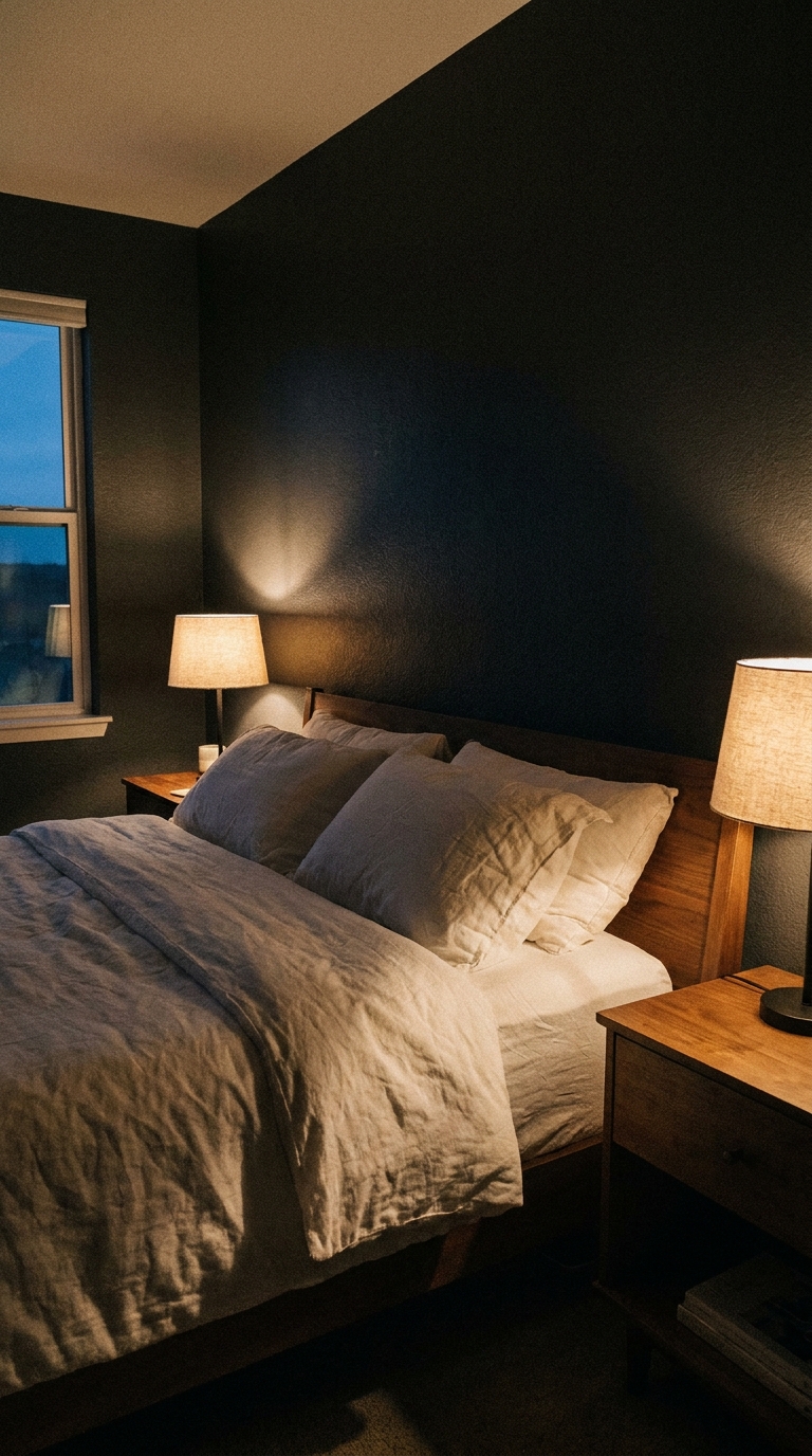 Bedroom with a charcoal accent wall and white bedding lit by warm table lamps