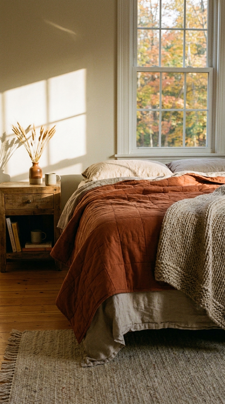Bed layered with a rust quilt, knit throw, and dried wheat stems for fall