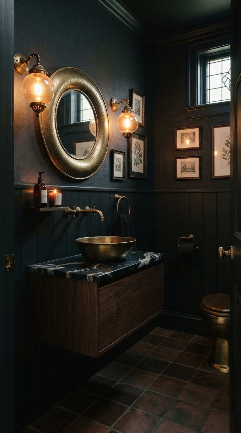 Moody dramatic half bathroom with dark walls and brass fixtures