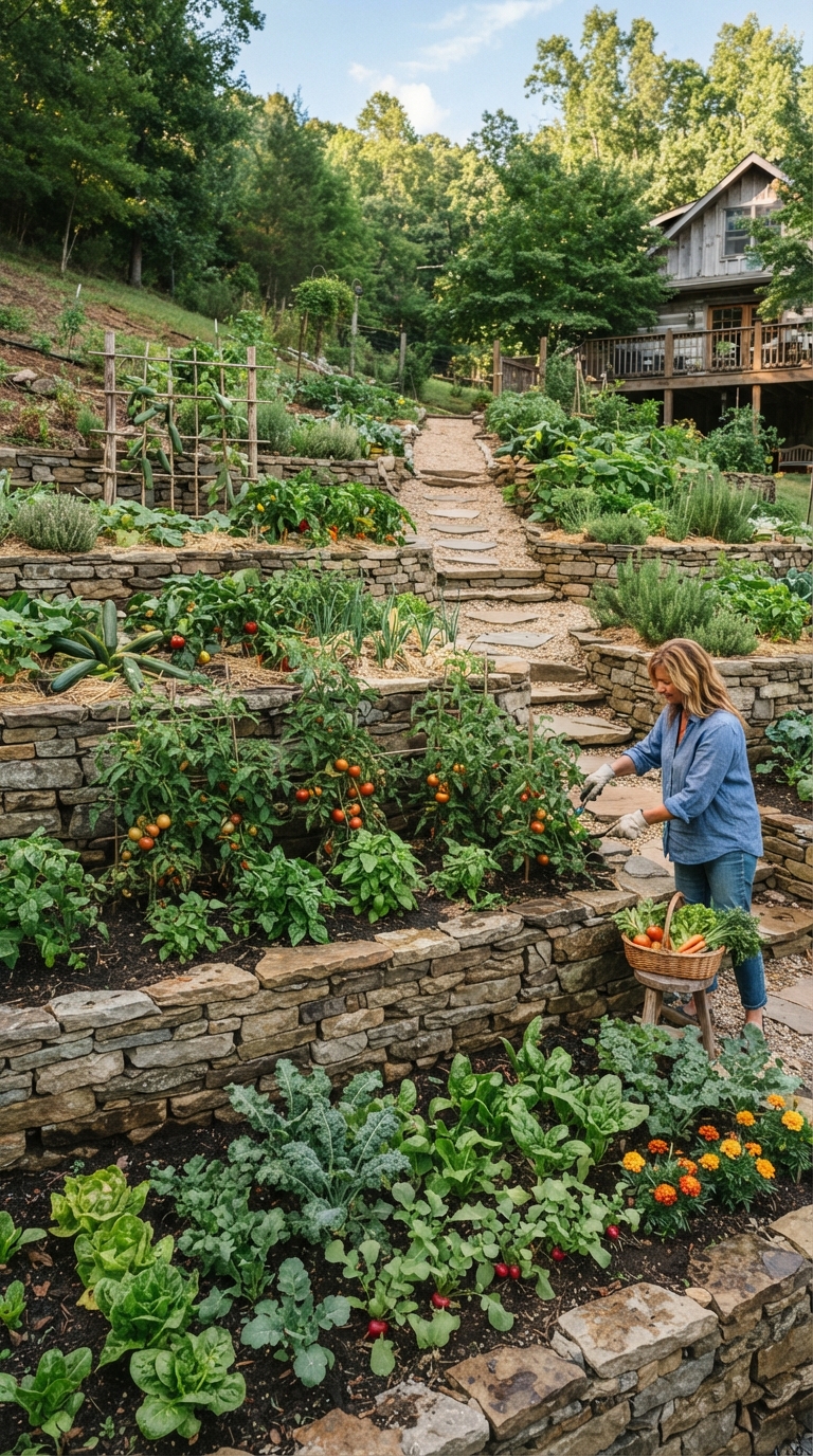 Multi-level terraced kitchen garden with stone retaining walls and vegetables